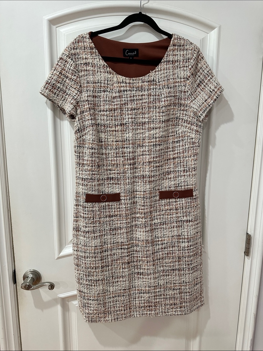 Connected APPAREL TEXTURED Tweed Shift Dress with Brown Trim